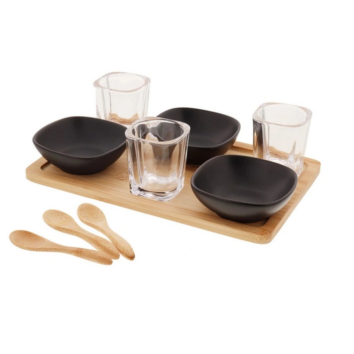 Set pentru degustare, 10 piese, Absolu Chic, 3 pahare, 3 linguri din bambus si 3 boluri din ceramica, 25x16x7cm