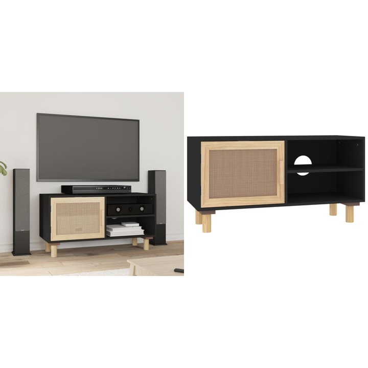 Comoda TV, negru, 80x30x40 cm, lemn masiv pin si ratan natural