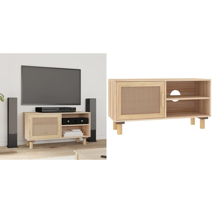 Comoda TV, maro, 80x30x40 cm, lemn masiv pin si ratan natural