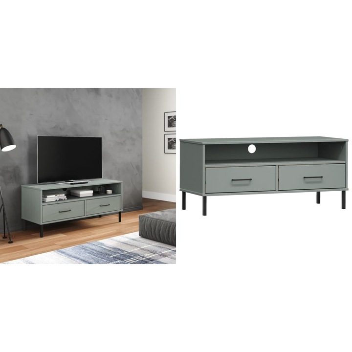 Comoda TV cu picioare metalice „OSLO”, gri, lemn masiv pin