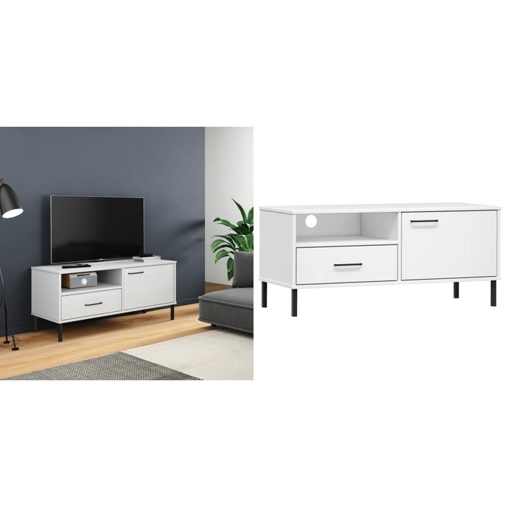 Comoda TV cu picioare metalice „OSLO”, alb, lemn masiv pin