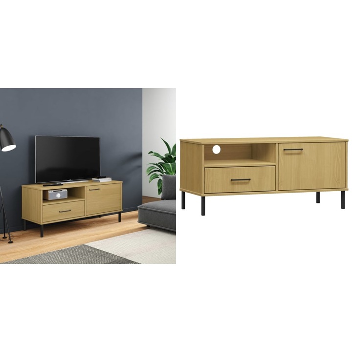 Comoda TV cu picioare metalice OSLO, maro, lemn masiv pin