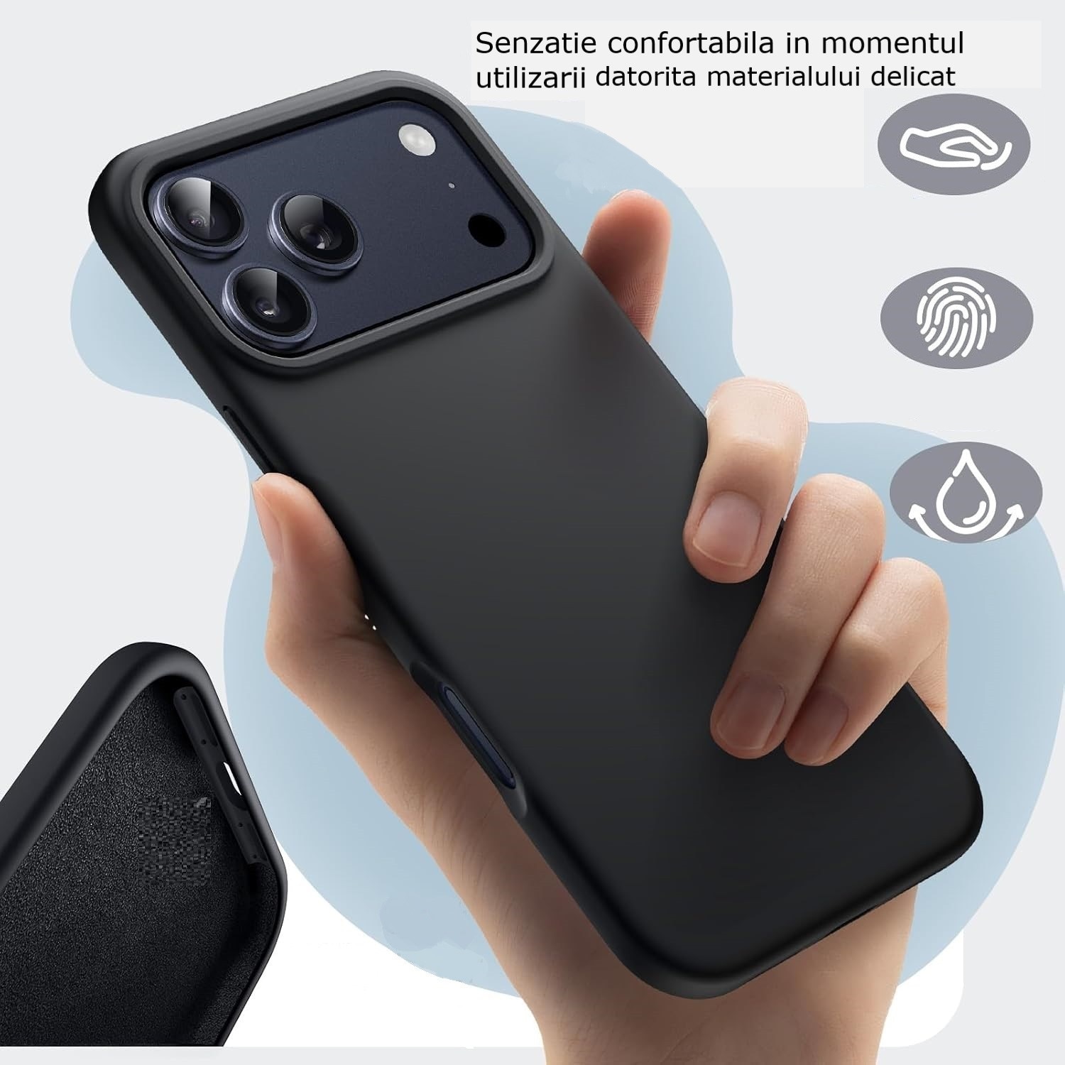 Husa protectie compatibila cu iPhone 17 Pro Max, slim, silicon Negru cu interior din microfibra, protectie camera, protectie ecran, ISAG