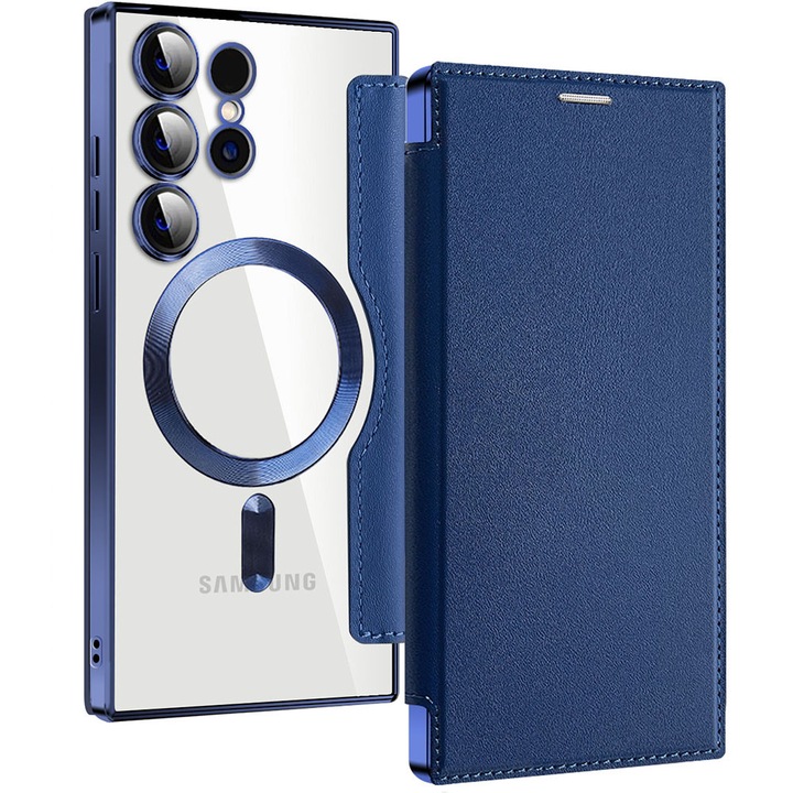 Husa cu magnet pentru Samsung Galaxy S23 Ultra, PU Leather MagCase Book, Tip carte, Piele ecologica, Protectie lentile camere, Buzunare carduri, Accente metalizate, Protectie fata-spate 360, Inel atasare magnetica wireless, Antisoc, Albastru inchis