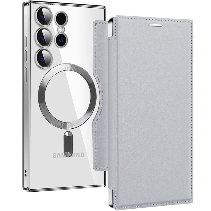 Husa cu magnet pentru Samsung Galaxy S23 Ultra, PU Leather MagCase Book, Tip carte, Piele ecologica, Protectie lentile camere, Buzunare carduri, Accente metalizate, Protectie fata-spate 360, Inel atasare magnetica wireless, Antisoc, Argintiu