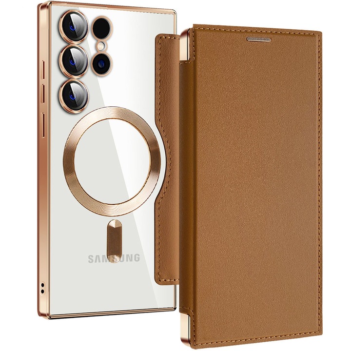 Husa cu magnet pentru Samsung Galaxy S23 Ultra, PU Leather MagCase Book, Tip carte, Piele ecologica, Protectie lentile camere, Buzunare carduri, Accente metalizate, Protectie fata-spate 360, Inel atasare magnetica wireless, Antisoc, Bronz auriu