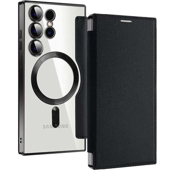 Husa cu magnet pentru Samsung Galaxy S23 Ultra, PU Leather MagCase Book, Tip carte, Piele ecologica, Protectie lentile camere, Buzunare carduri, Accente metalizate, Protectie fata-spate 360, Inel atasare magnetica wireless, Antisoc, Negru