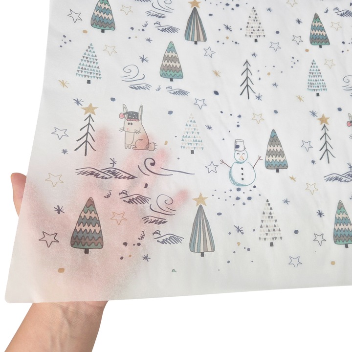 Set 50 bucati Hartie de matase model Craciun Snowy Friends, 17g, 75 x 50cm