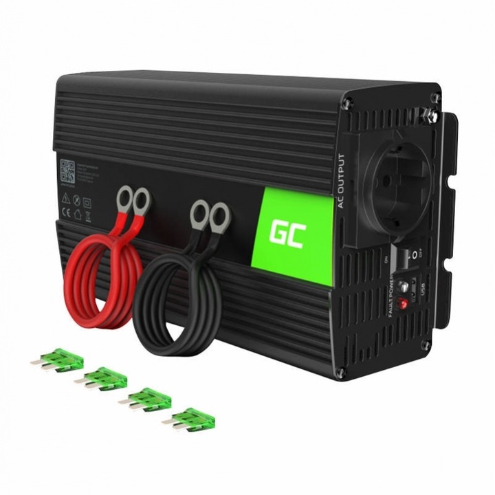 Green Cell INV08 autós inverter, 12V-230V, 1000W/2000W, fekete, 264x135x76mm, készletben