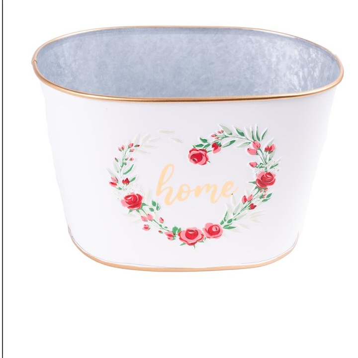 Ghveci de tablă, alb, oval, model trandafir, inscripția acasă, 18 x 11, 5 cm (081004)