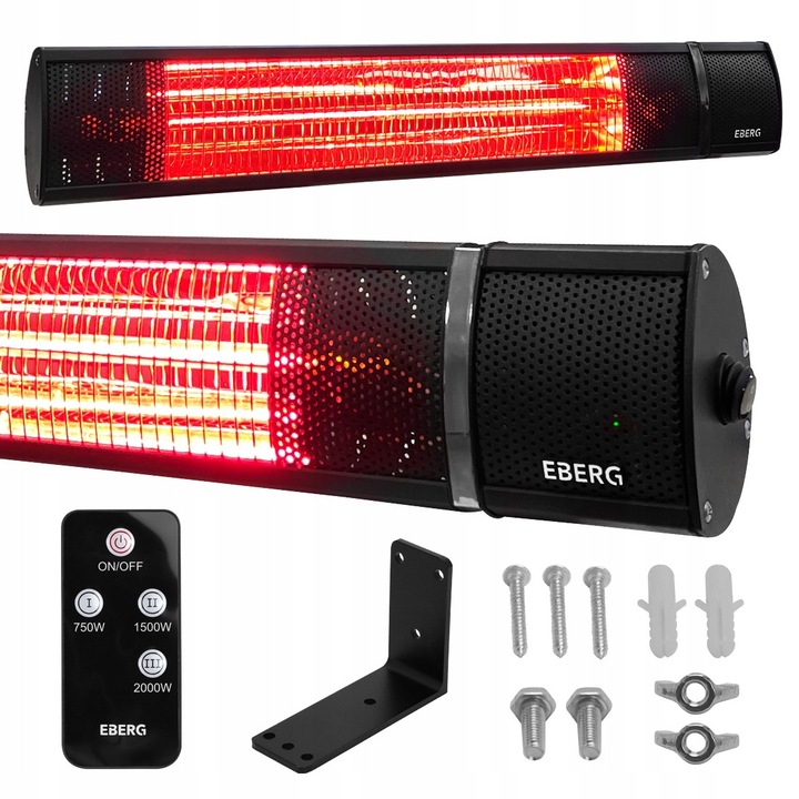 EBERG IXU 2000W teraszfűtés, 3 teljesítményszint, fekete, 63x15x10,5cm, távirányítóval