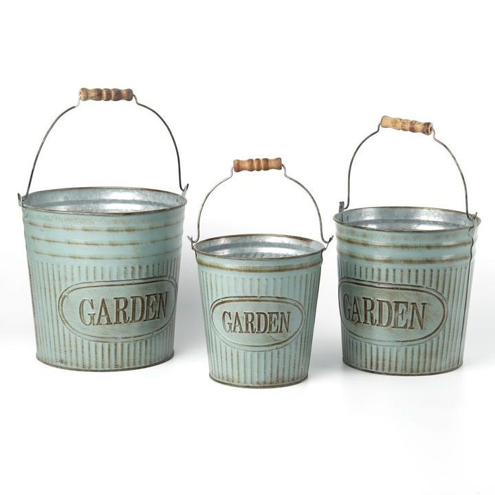 Găleată de tablă, gri, set de 3 piese, inscripție garden, 16 - 22 cm (080918)