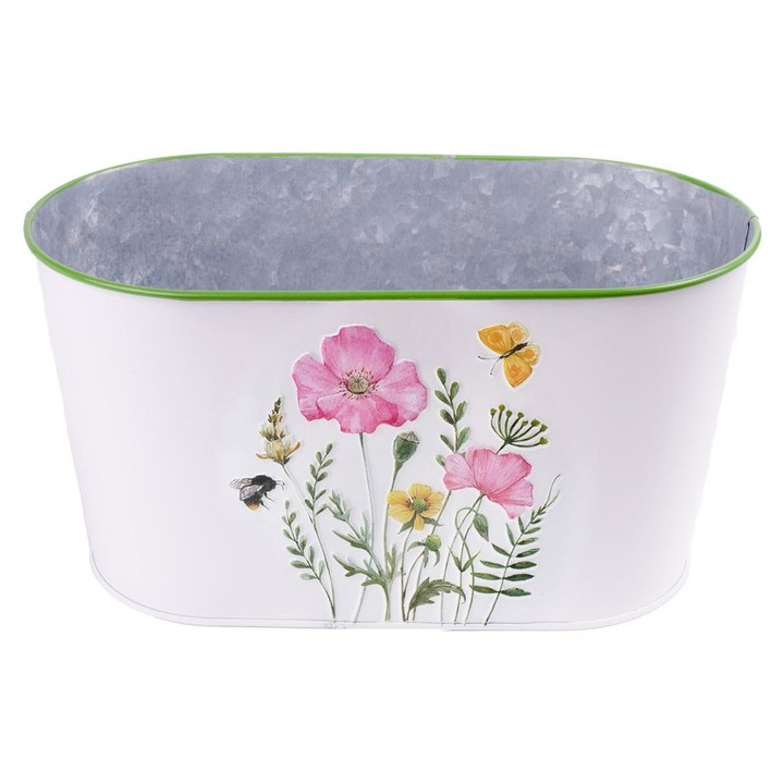Ghiveci de tablă, oval, alb, cu model mac roz, 23 x 12 cm (080960)