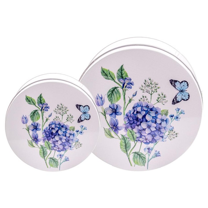 Cutie metalică, rotundă, hortensie, 2 buc, 14 și 16 cm (080987)