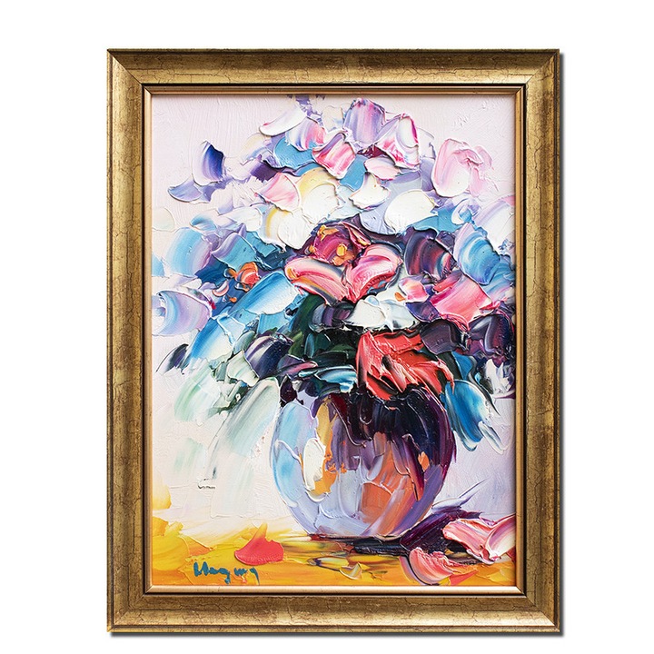 Tablou vaza cu flori impasto pictat manual inramat, 45x35cm ulei pe panza, rama din lemn, Geo Ungureanu