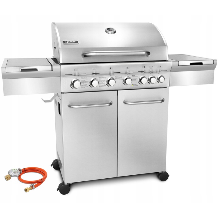 Grill gazon cu 6+1 arzatoare, Yoer, 22,05 kW, cu safa pentru butelii, dimensiuni 116x166x48cm, culoare argintie