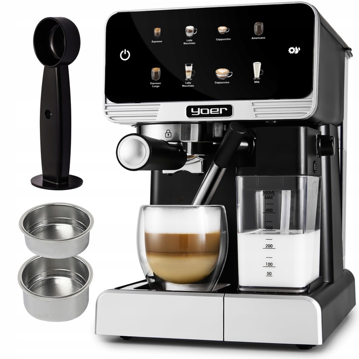 Espressor de cafea, Yoer, Creamo Pro, 20 bar, 1350W, negru / argintiu, rezervor apa 1,8L, spumare automata