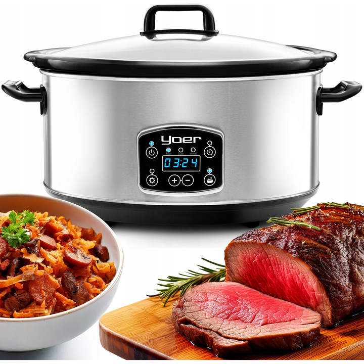 Multicooker Yoer 4,5L INOX, 280W, programator 16h, ceramica, negru