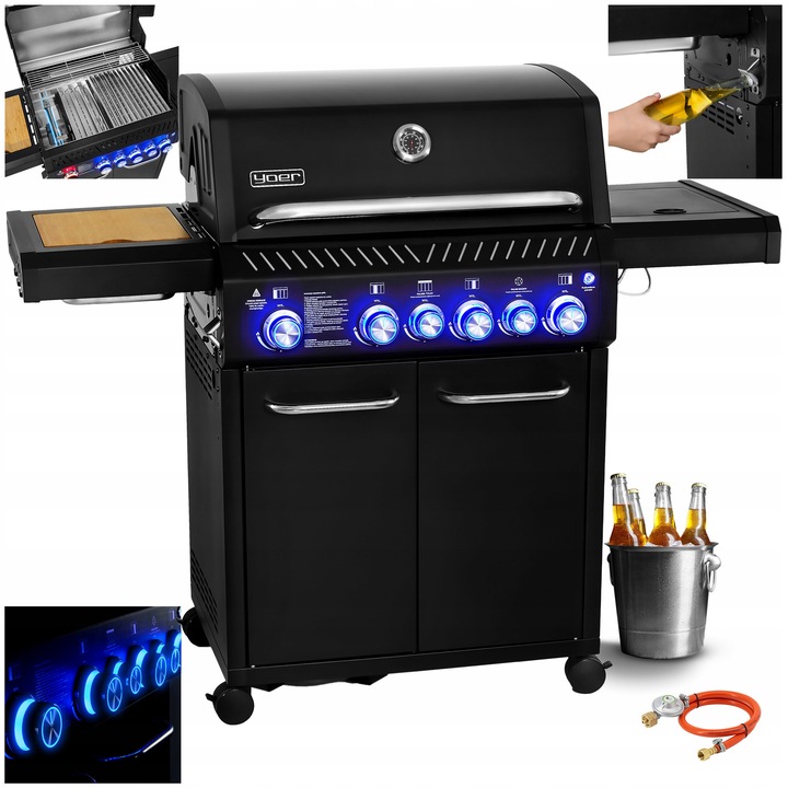 Grill gazon cu 6 arzatoare Yoer BeefMaster GG04BK, 21,15 kW, cu safa pentru butela si 2 cutii de bere, negru, 55x145x120cm