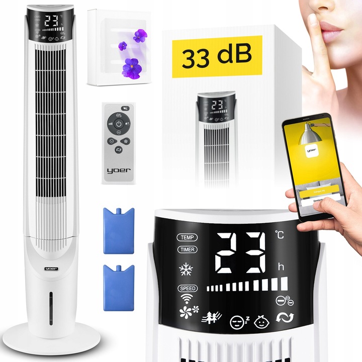 Racitor de apa portabil Yoer Cascado, 6 in 1, 60W, alb, 16x16x108cm, raza de suflare 10m