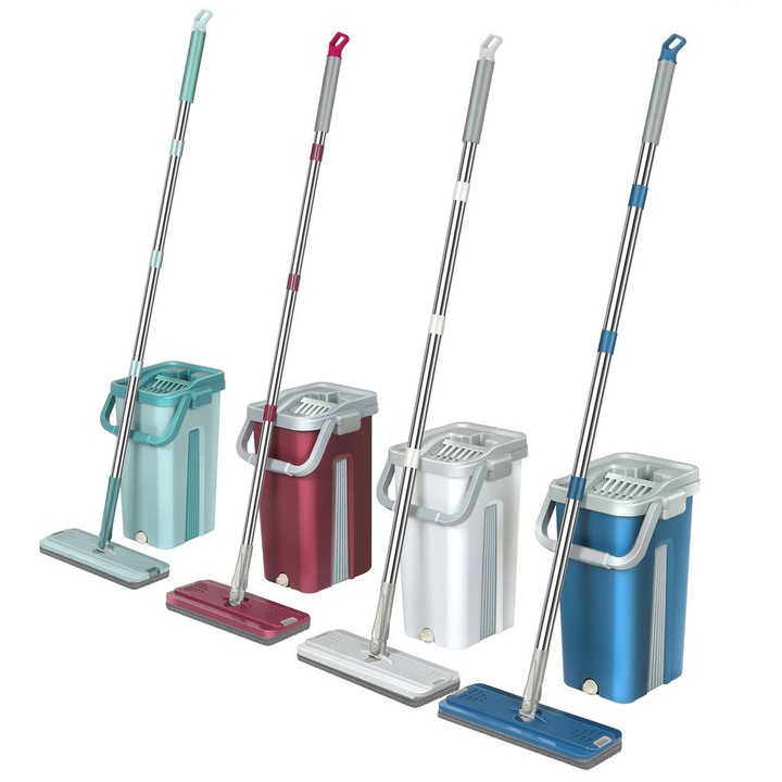 Set AB HOMES, Mop Plat cu Galeata Pliabila si Stoarcere, 7.5 L, din Microfibra, cu Perie de Curatat Podele si 2 Accesorii