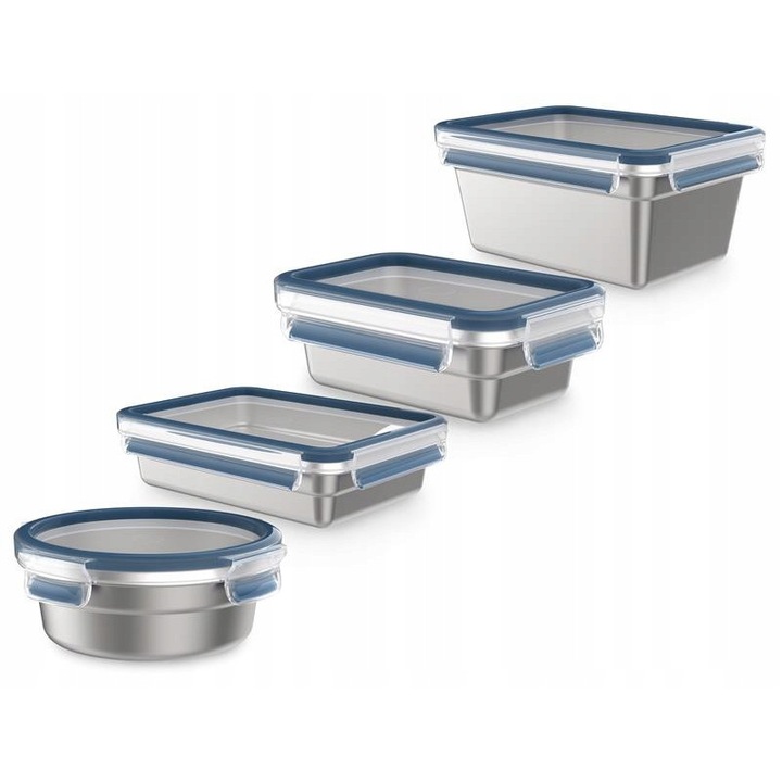 Set cutii alimentare Tefal Masterseal 4 el, 500ml-2l, inox, albastru/gri