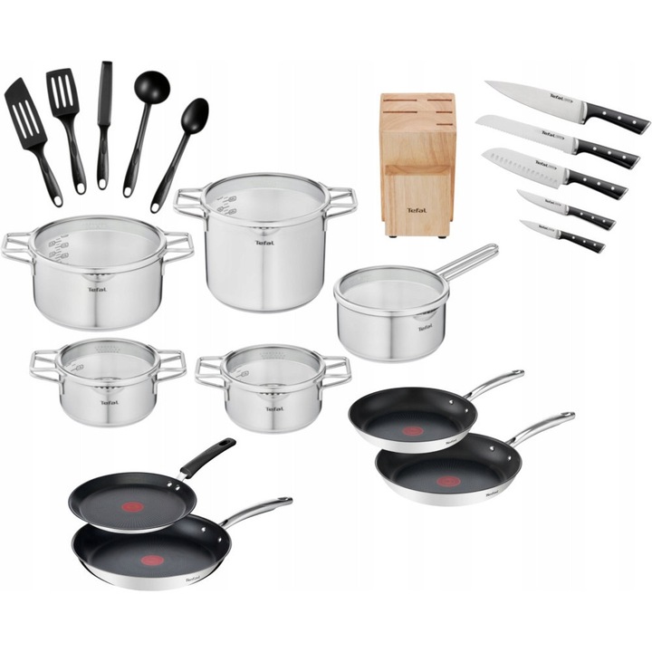 Комплект съдове Tefal Nordica 25 части, тенджери с капак 24см, 22см, 20см, 18см, 16см, прибори за готвене, инокс