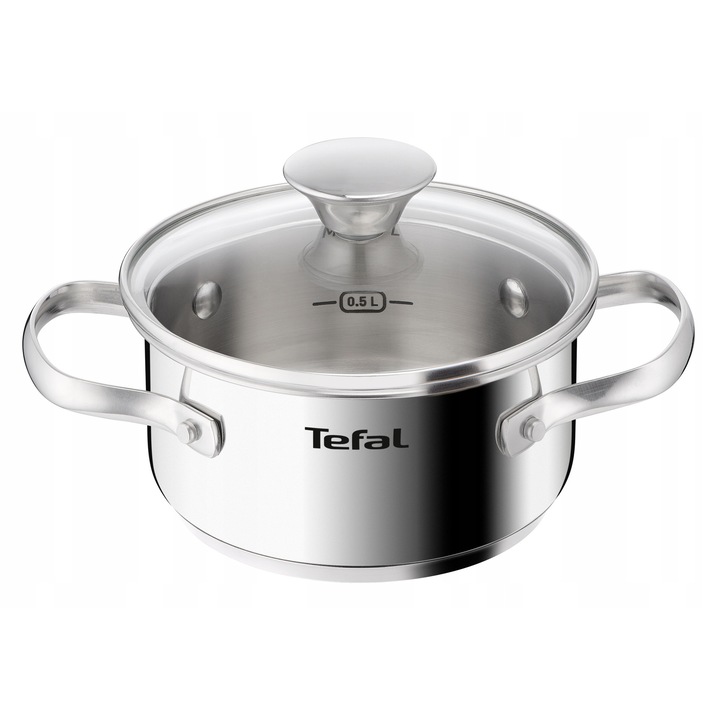 Oala cu capac TEFAL Minis 16cm, inox, 1,5l, pentru plite inductie, usor de curatat