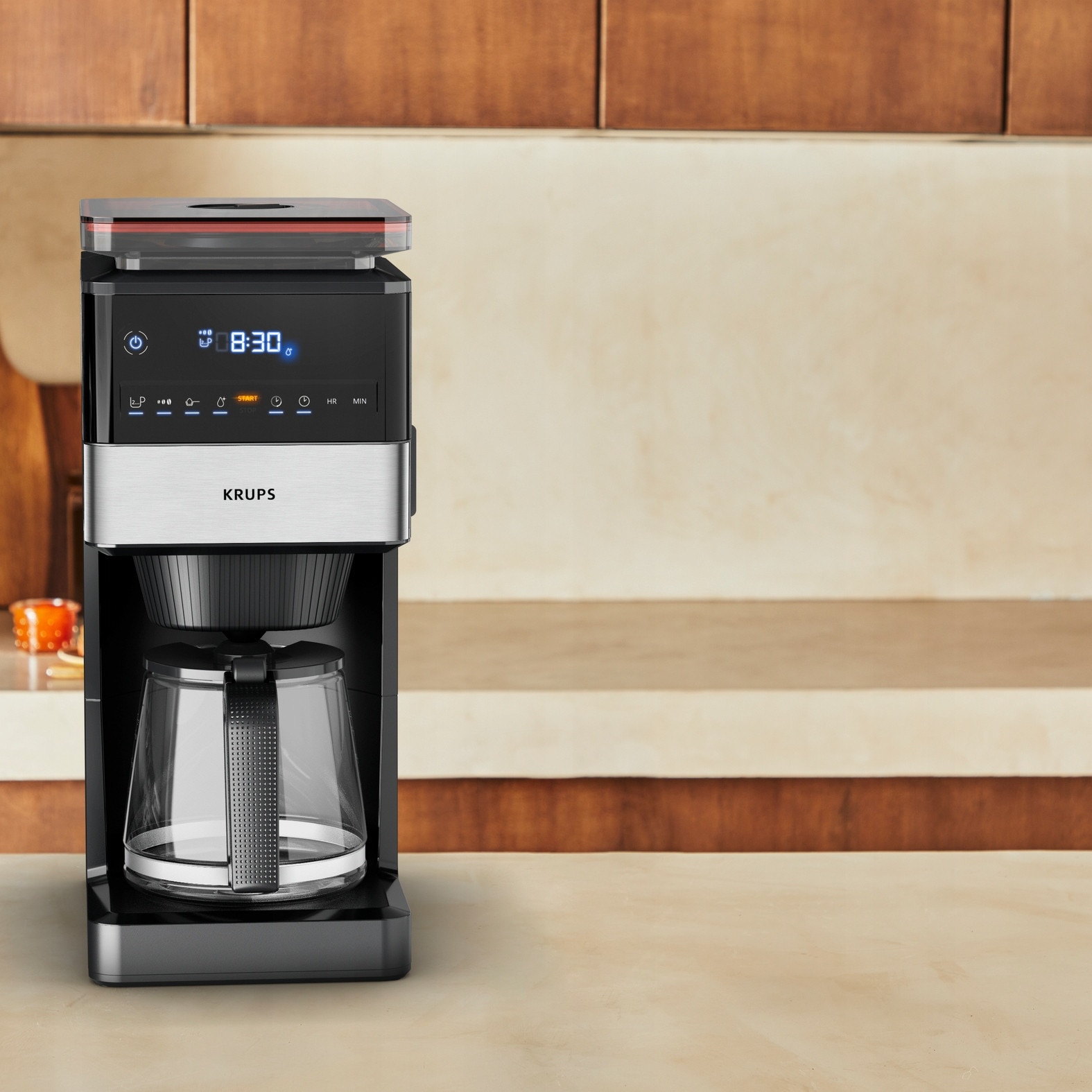 Cafetiera cu filtru Krups Grind&Brew XL KM8428 KM842810, rasnita conica inox incorporata, 1,5 l, 1000 W, timer si pastrare caldura pana la 120 min, negru/argintiu
