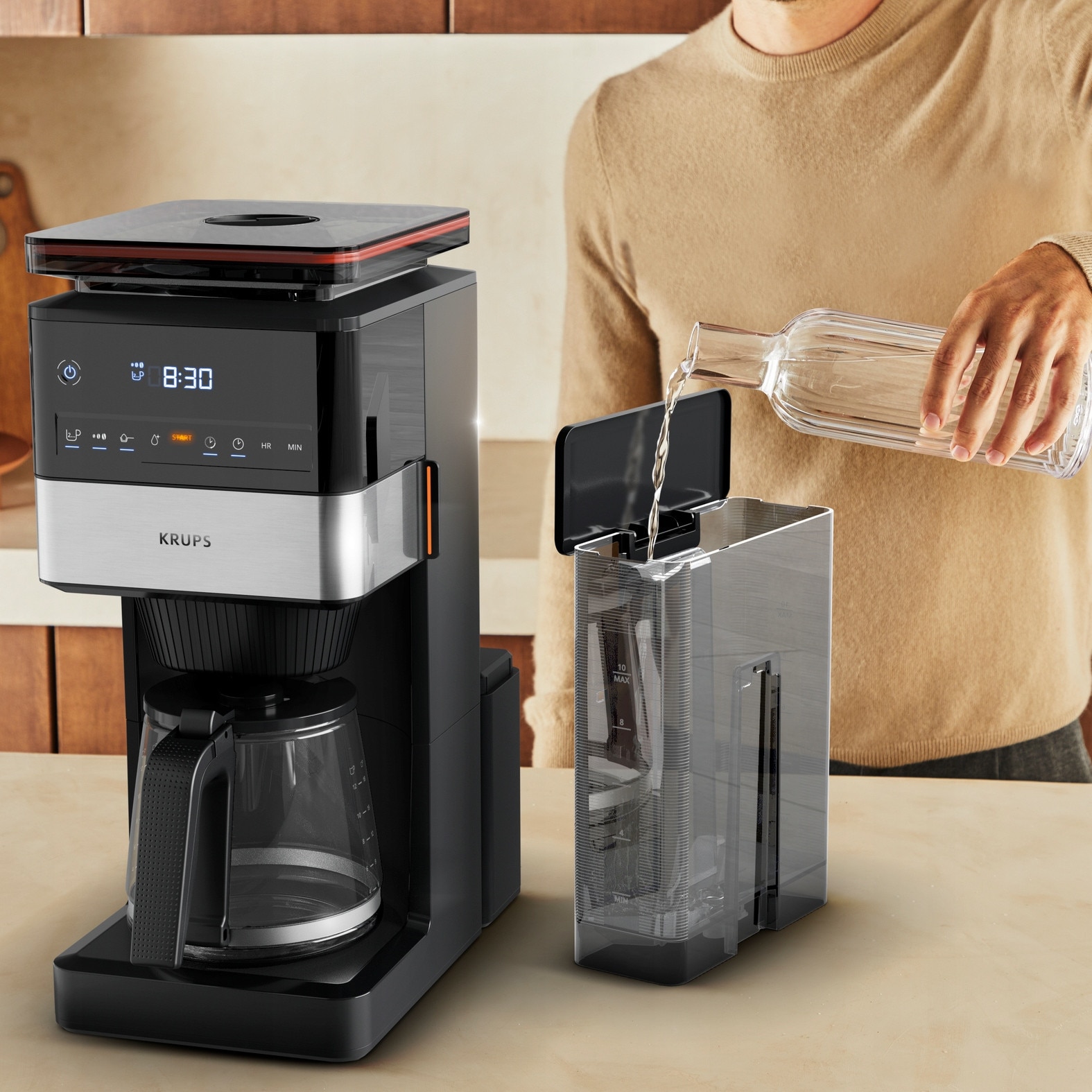 Cafetiera cu filtru Krups Grind&Brew XL KM8428 KM842810, rasnita conica inox incorporata, 1,5 l, 1000 W, timer si pastrare caldura pana la 120 min, negru/argintiu