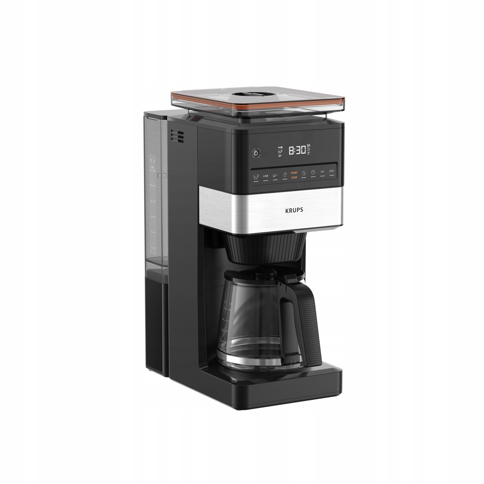 Cafetiera cu filtru Krups Grind&Brew XL KM8428 KM842810, rasnita conica inox incorporata, 1,5 l, 1000 W, timer si pastrare caldura pana la 120 min, negru/argintiu