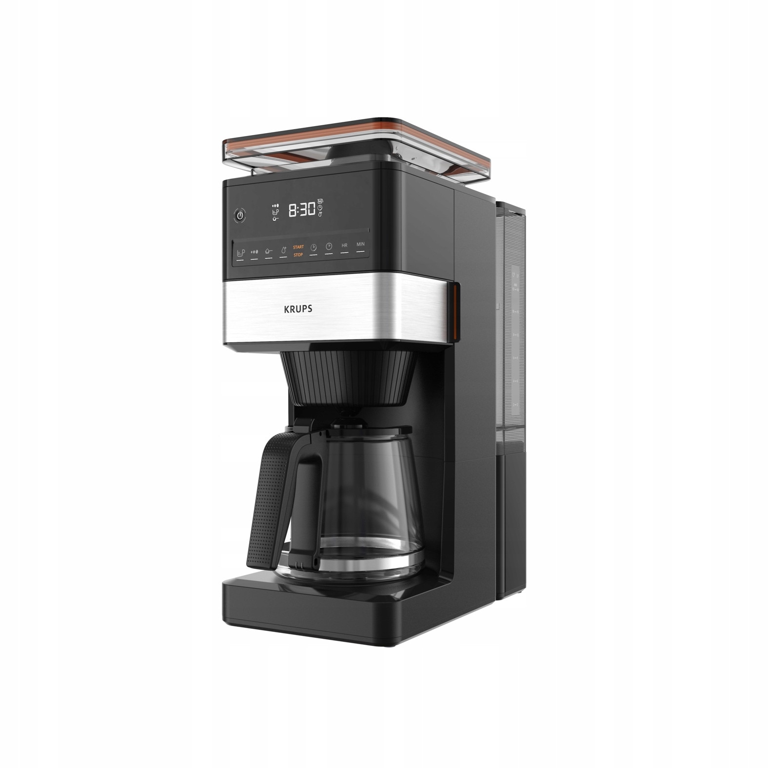 Cafetiera cu filtru Krups Grind&Brew XL KM8428 KM842810, rasnita conica inox incorporata, 1,5 l, 1000 W, timer si pastrare caldura pana la 120 min, negru/argintiu