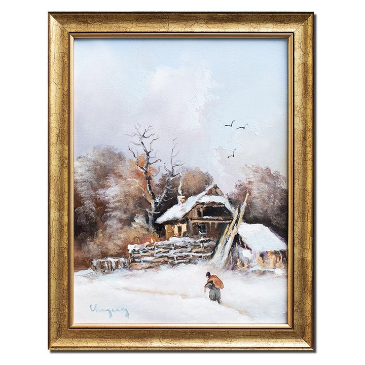 Tablou peisaj de iarna pictat manual inramat, 45x35cm ulei pe panza, rama din lemn, Geo Ungureanu