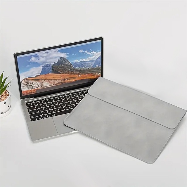 Husa protectie laptop 14.1"/15.6", piele ecologica, inchidere magnetica orizontala, gri deschis