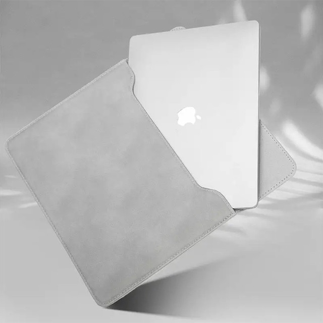 Husa protectie laptop 14.1"/15.6", piele ecologica, inchidere magnetica orizontala, gri deschis