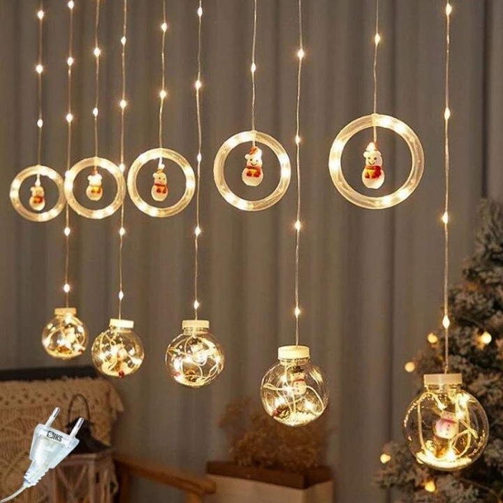 Instalatie De Craciun SIKS, Tip Perdea De Lumini, 5 Globuri Luminoase Si 5 Inele Cu Led, Cu Diferite Figurine Pentru Craciun, 8 Moduri De Iluminare, 4m, Interconectabila, Alimentare Prin Priza, Alb Cald