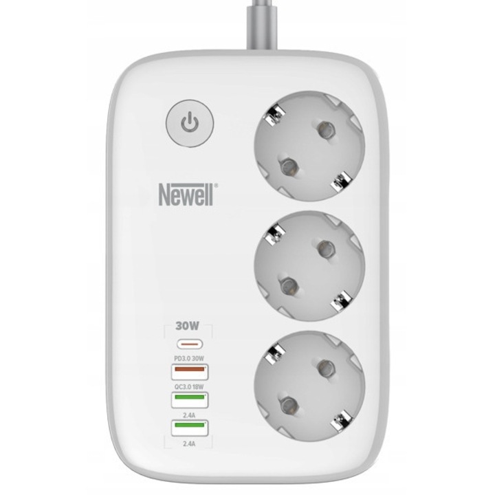 Prelungitor inteligent Newell Power Office WiFi PD 30W, 3 prize, 4 porturi USB, 2m, alb