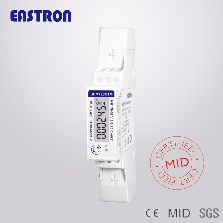 Еднофазен електромер Eastron SDM120CTM, двупосочно измерване kW/kWh, RS485 Modbus-RTU, конфигурируем импулсен изход, MID сертификат, монтаж на DIN шина, бял
