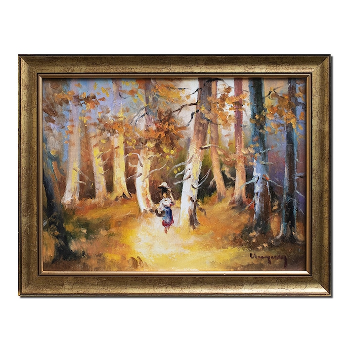 Tablou peisaj cu tarancuta pictat manual inramat, 45x35cm ulei pe panza, rama din lemn, Geo Ungureanu