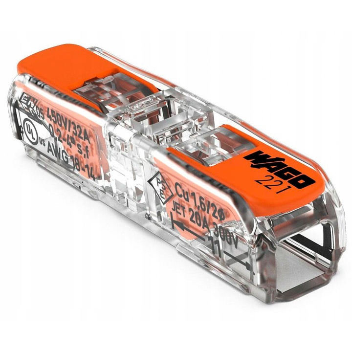 WAGO 221-2411 бърз конектор, 2x0,2-4мм, прозрачен, 8,1x8,9x35,5мм, комплект 60 броя