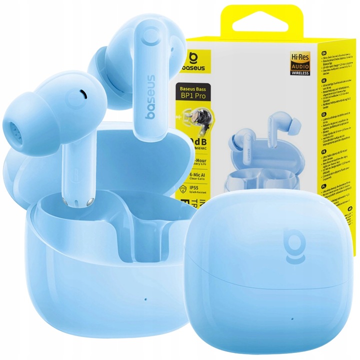 Casti True Wireless Baseus Bass BP1 Pro In-Ear, Noise Cancelling, Adaptive Active EQ, LDAC Hi-Res Sound, IP55, Bluetooth 6.0, Albastru