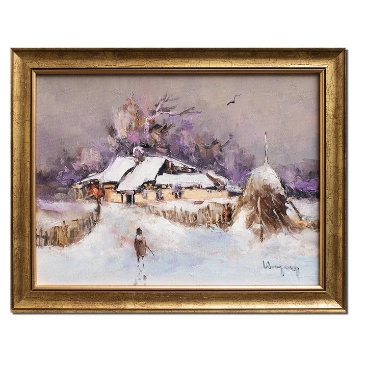 Tablou peisaj de iarna pictat manual inramat, Pe ulita, 45x35cm ulei pe panza, rama din lemn, Geo Ungureanu