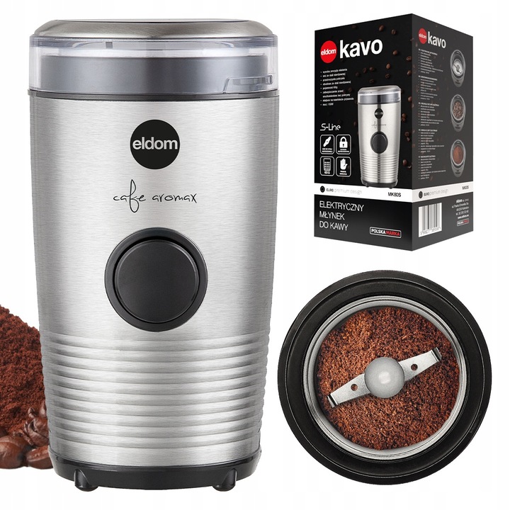 Macinator electric de cafea MK80S, Eldom, 60g, otel inoxidabil, design compact, culoare argintie