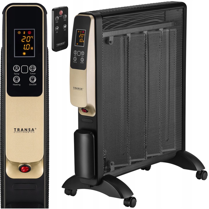 Transa Electronics 2000W elektromos fűtőtest, 2 teljesítményszint, 30 perc-12 óra időzítő, fekete, méretek 54,5x55x8cm, komplett készlet távirányítóval
