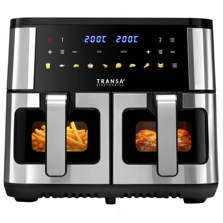 Двоен фритюрник с горещ въздух Transa Electronics, без мазнина, 9 програми, 9L, 2800W