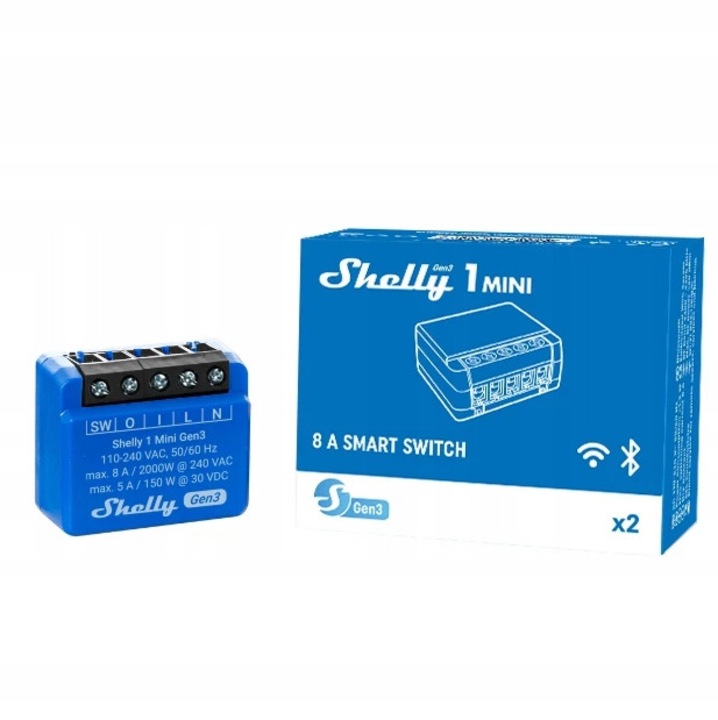 Интелигентен модул Shelly 1 Mini Gen3, Wi-Fi Bluetooth управление, 29x34x16mm, бял