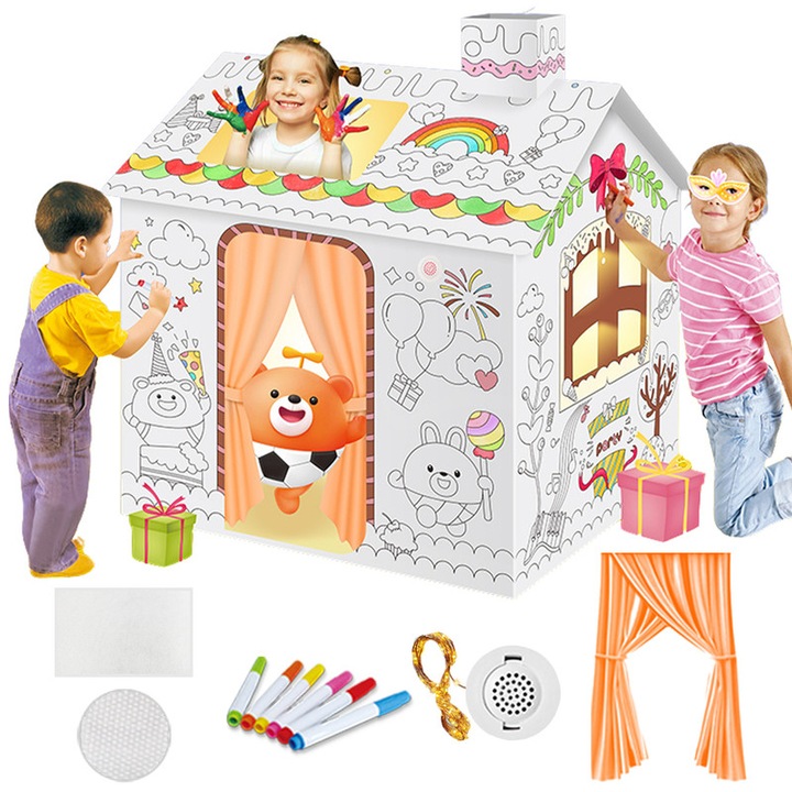 Персонализирана картонена къща за деца, с цветни маркери и LED ленти, 98x63x79см, бяла