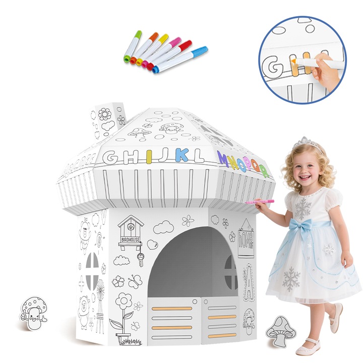 Картонена къща за игра, модел гъба, креативна, бяла, 79x65x74см