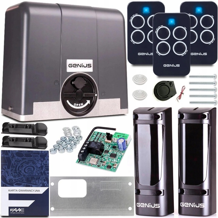 Set automatizare pentru porti glisante Genius Blizzard 500, 500 kg, cu encoder, 3x telecomenzi Echo, fotocelule Vega, 230V