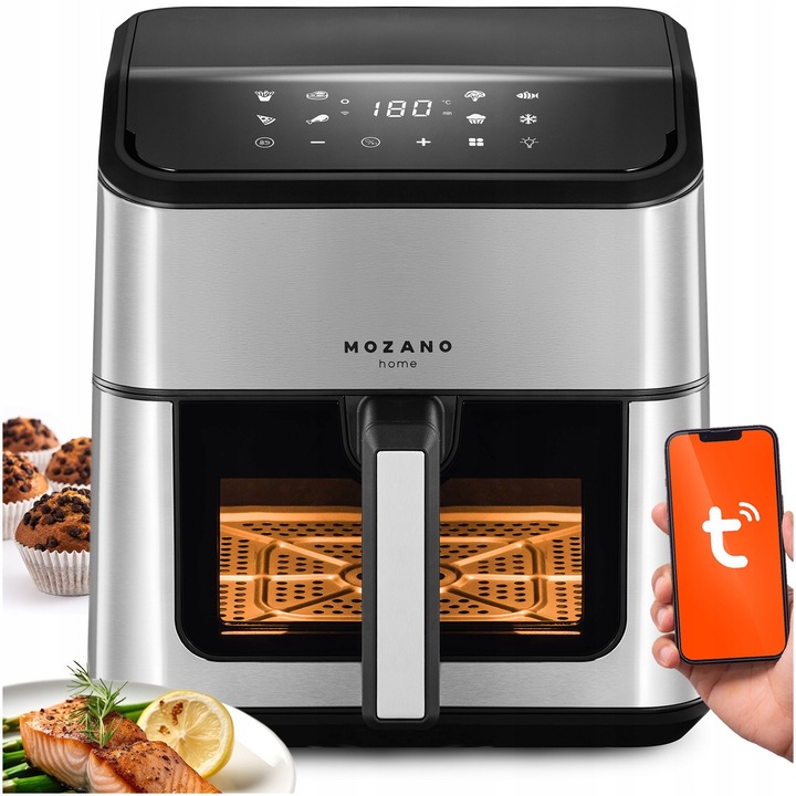Friteuza Mozano AirFry Chef, 8L, 1800W, WiFi, negru-argintiu, set cu separator si gratar de copt